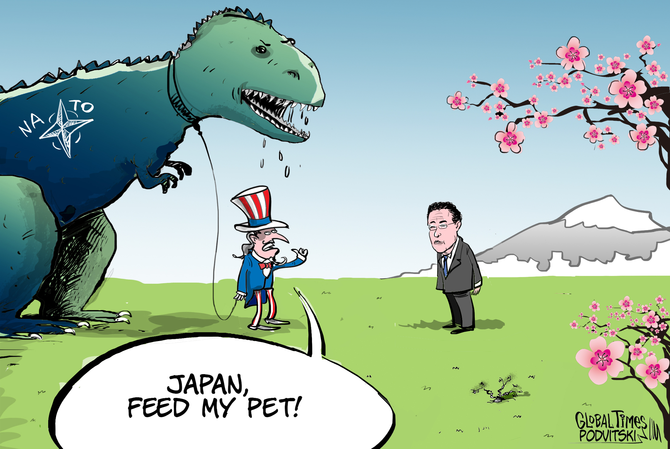 Japan, the first feeder of NATO in Asia. Cartoon: Vitaly Podvitski