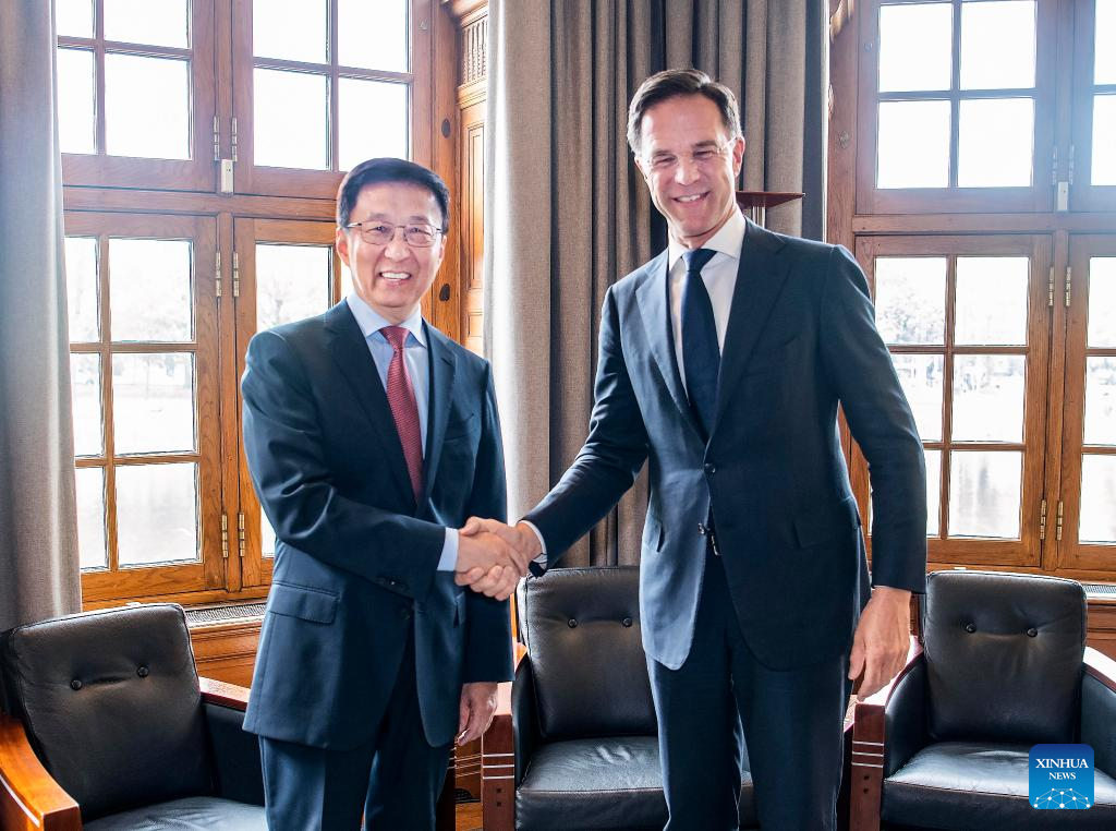 Chinese Vice President Han Zheng holds talks with Dutch Prime Minister Mark Rutte in The Hague, the Netherlands, May 11, 2023. At the invitation of the Dutch government, Han visited the Netherlands from Wednesday to Friday. (Xinhua/Li Tao)