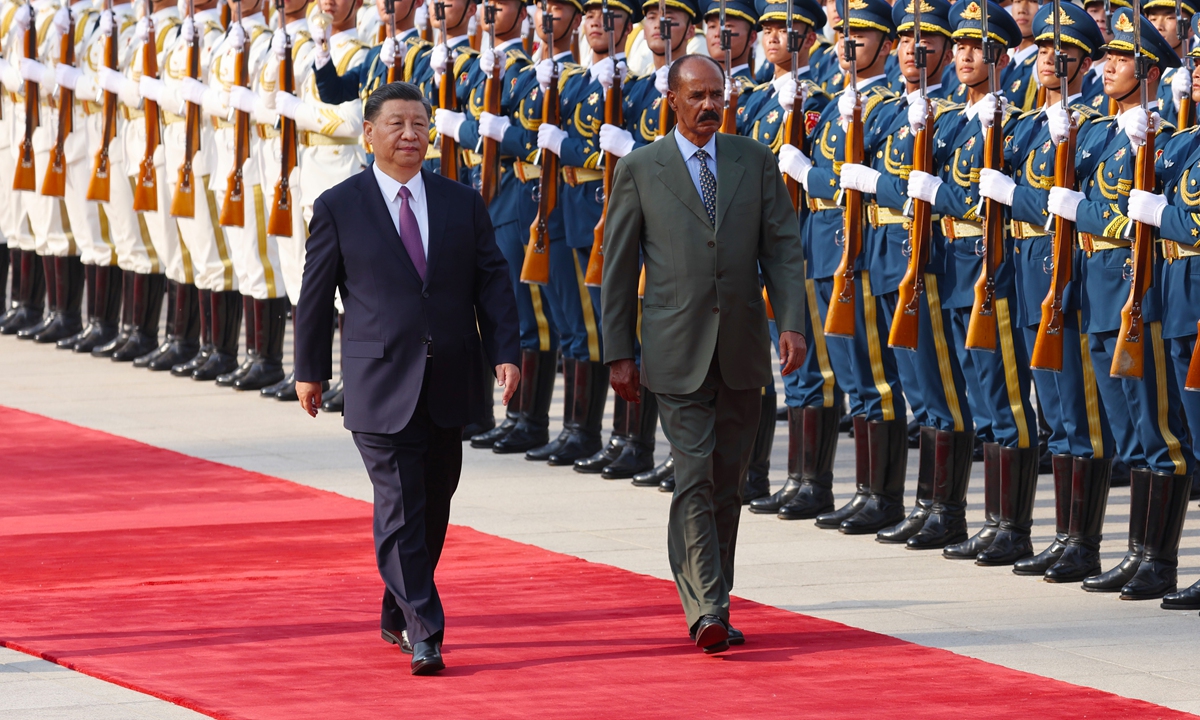 Chinese President Xi Jinping holds a welcome ceremony for President Isaias Afwerki of the State of Eritrea at the square outside the east entrance of the Great Hall of the People in Beijing on May 15, 2023. Photo: Xinhua