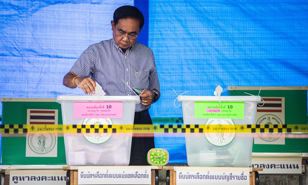 Thai Prime Minister Prayut Chan-o-cha casts his vote in the Thai General Election on May 14, 2023 in Bangkok, Thailand. Thailand is holding its general elections in a contest that could see the return of political forces allied with former prime minister Thaksin Shinawatra. Photo: VCG