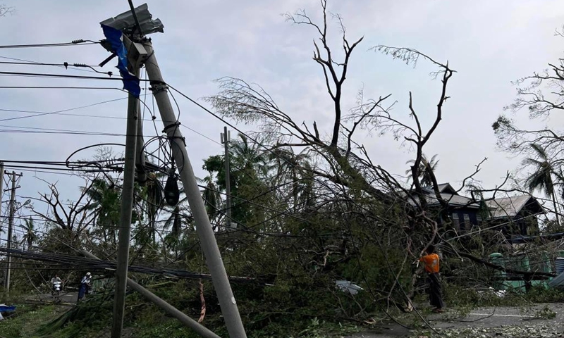 This photo taken on May 15, 2023 shows damages caused by Cyclone Mocha in Sittwe, Rakhine State, Myanmar. On Sunday, extremely severe cyclonic storm Mocha hit the coastal areas of western Myanmar's Rakhine State, leaving a trail of destruction.(Photo: Xinhua)