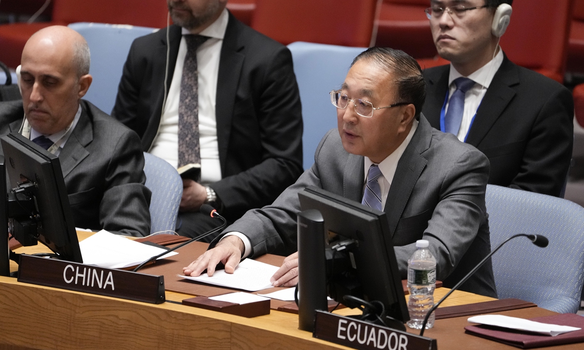 Zhang Jun, Permanent Representative of China to the United Nations, speaks during a meeting of the UN Security Council on May 15, 2023, at the UN headquarters in New York City. Zhang said a political solution to the Ukraine crisis must be promoted with the utmost urgency. Photo: VCG