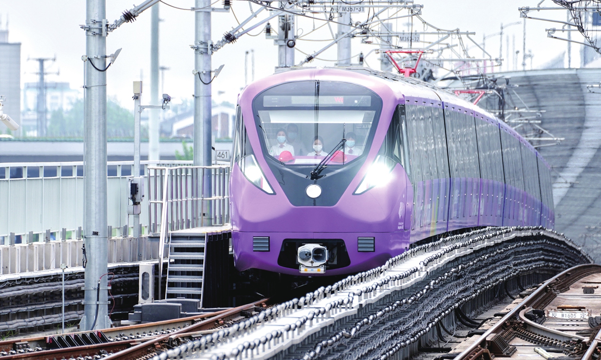 The inaugural subway train themed with the Asian Games departs from Xiaoshan International Airport of Hangzhou on May 16, 2023. The 19th Asian Games will be held in Hangzhou, East China's Zhejiang Province from September 23 to October 8 this year. Photo: VCG