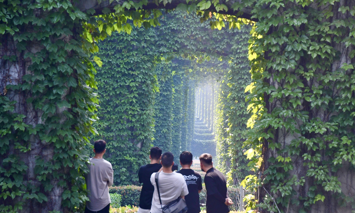 People take photos under an elevated road where a 