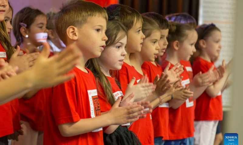 Children sing a Chinese song during an event to celebrate the ninth anniversary of the Confucius Institute at the University of Novi Sad in Novi Sad, Serbia, May 27, 2023. The Confucius Institute at the University of Novi Sad marked its ninth anniversary on Saturday with a series of cultural activities. (Xinhua/Shi Zhongyu)