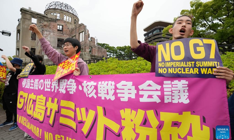 Protesters rally at the Hiroshima Peace Memorial Park in a protest against the upcoming Group of Seven (G7) summit, in Hiroshima, Japan, May 18, 202(Photo: Xinhua)