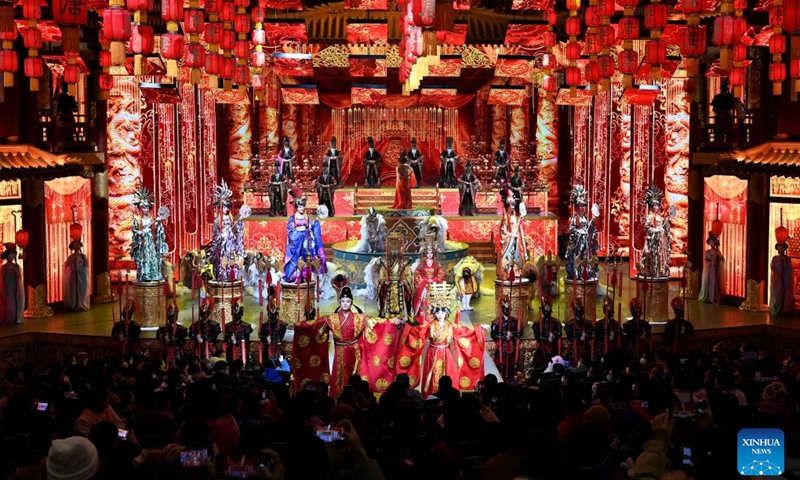 Dancers perform dance drama at the Tang Paradise in Xi'an, northwest China's Shaanxi Province, Jan. 24, 2023. The Tang Paradise, located in the south of Xi'an, is a large cultural theme park showing the life style of the prosperous Tang Dynasty (618-907).(Photo: Xinhua)