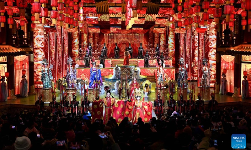 Dancers perform dance drama at the Tang Paradise in Xi'an, northwest China's Shaanxi Province, Jan. 24, 2023. The Tang Paradise, located in the south of Xi'an, is a large cultural theme park showing the life style of the prosperous Tang Dynasty (618-907).(Photo: Xinhua)