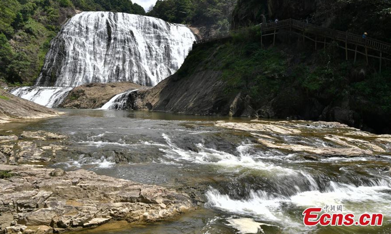 Amazing aerial view of the Jiulongji waterfall with a total drop of more than 300 meters in Zhouning County, east China's Fujian Province, May 25, 2023. (Photo: China News Service/Zhang Bin)