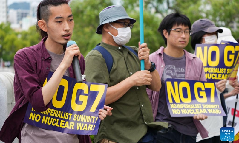 Protesters rally at the Hiroshima Peace Memorial Park in a protest against the upcoming Group of Seven (G7) summit, in Hiroshima, Japan, May 18, 2023.(Photo: Xinhua)