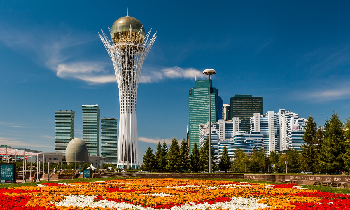 Baiterek Tower, a landmark tourist site of Nur-Sultan, Kazakhstan Photo:VCG