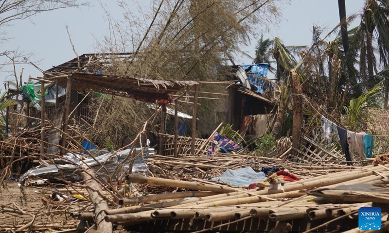 This photo taken on May 17, 2023 shows houses damaged by Cyclone Mocha in Sittwe, Rakhine State, Myanmar. The death toll from Cyclone Mocha in Myanmar has reached 48 as of Wednesday afternoon, state media reported on Thursday.(Photo: Xinhua)