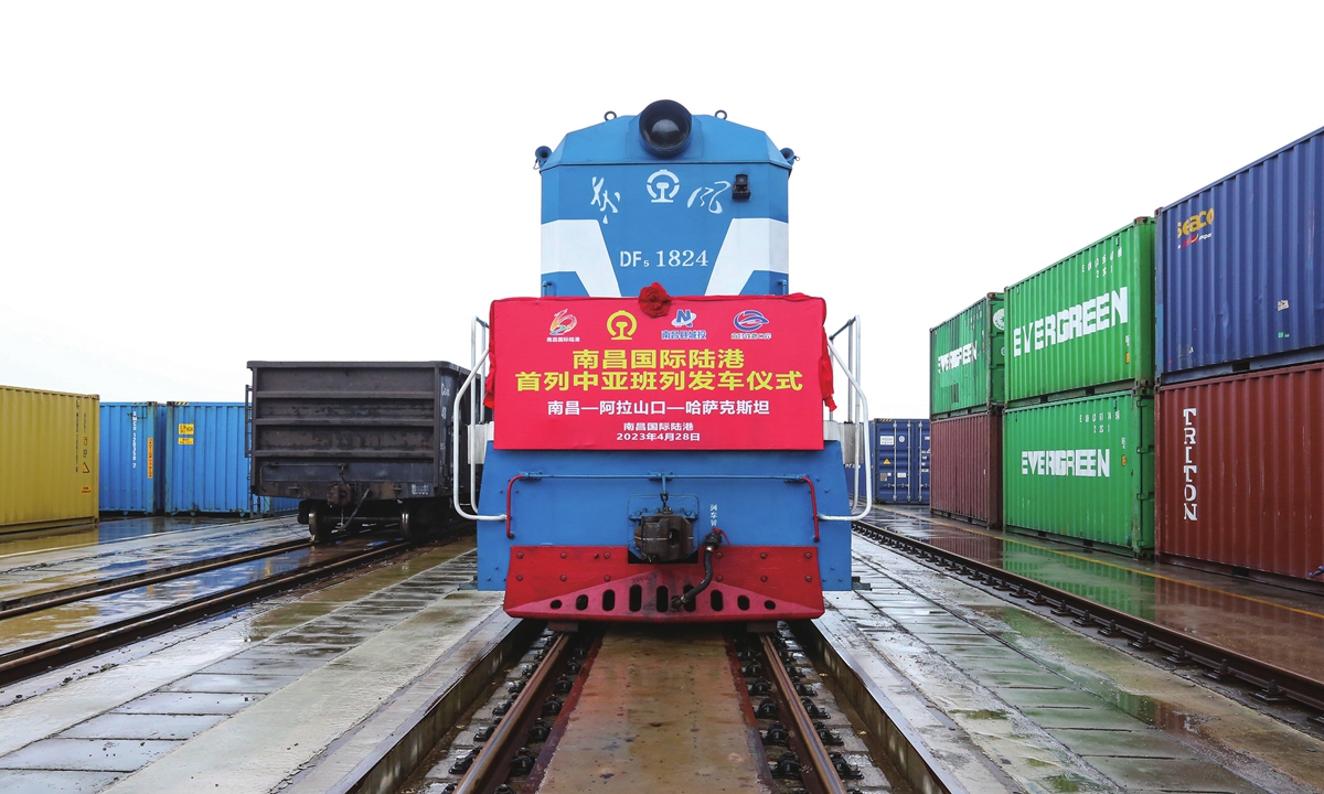 A freight train loaded with 55 containers of China-made goods departs for Almaty,Kazakhstan from Nanchang,East China's Jiangxi Province on April 28, 2023. Photo: VCG