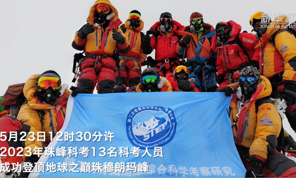 Thirteen Chinese scientists successfully reached the summit of the Mount Qomolangma in Southwest China’s Xizang (Tibet) Autonomous Region on May 23, 2023. Photo: Xinhua
