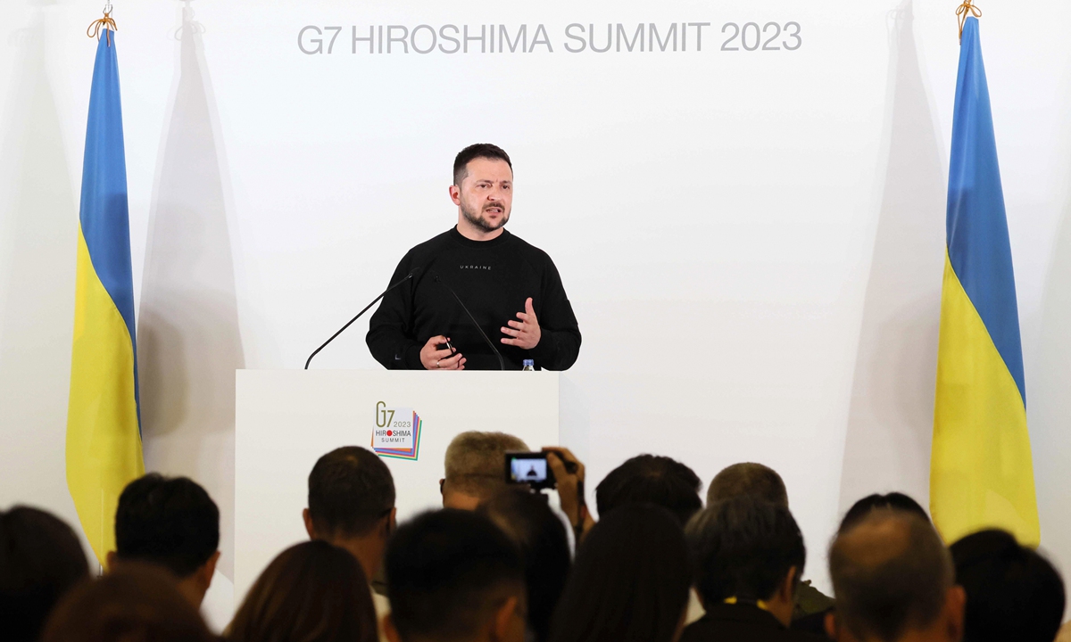 Ukraine President Volodymyr Zelensky speaks during a press conference after the G7 Summit at Hiroshima Peace Memorial Park on May 21, 2023 in Hiroshima, Japan. Photo: VCG