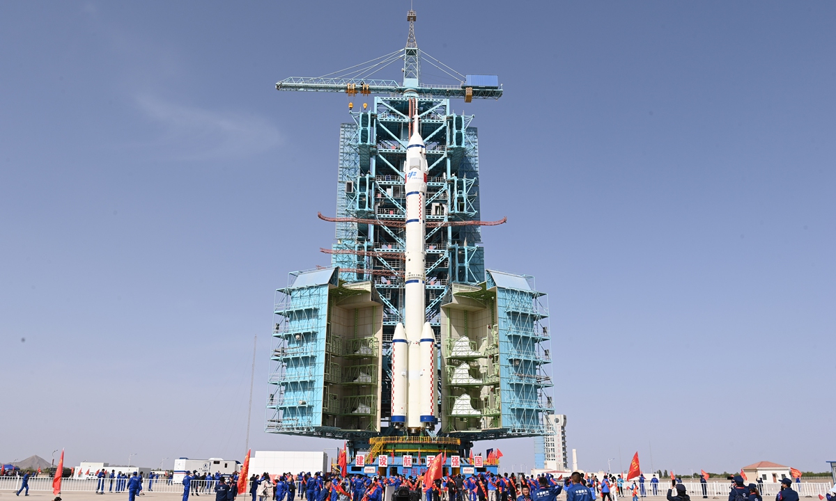 The combination of the Shenzhou-16 crewed spaceship and a Long March-2F carrier rocket has been transferred to the launching area in Jiuquan Satellite Launch Center in northwest China, on May 22, 2023. Facilities and equipment at the launch site are all in good condition. The launch will take place in the near future at an appropriate time. Photo: Xinhua