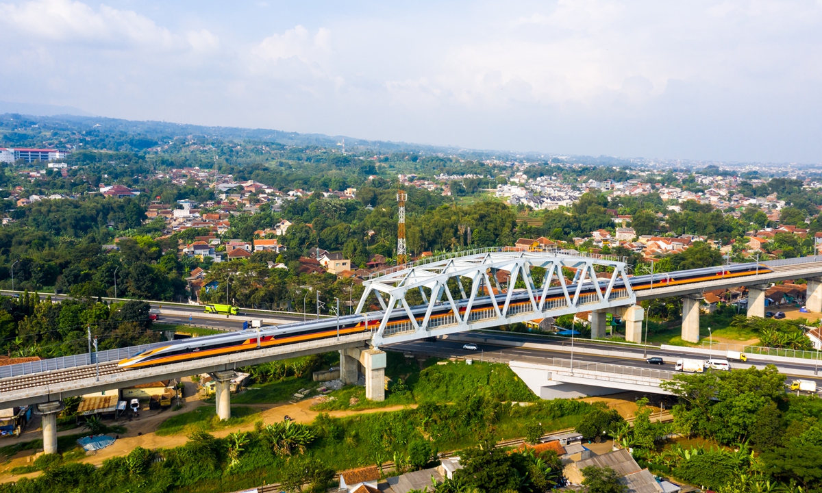 A train undergoes a joint test run to fine-tune all its systems to ensure safe operations on the Jakarta-Bandung High-Speed Railway, a signature project between China and Indonesia under the China-proposed Belt and Road Initiative, on May 22, 2023. The railway is set to be operational in the middle of this year. Photo: Courtesy of China State Railway Group Corp