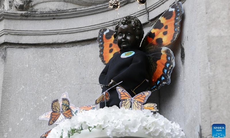 The Manneken-Pis is seen in a butterfly costume in Brussels, Belgium, May 22, 2023. Belgium's famous statue Manneken-Pis was decorated with a butterfly costume on Monday to celebrate the International Day for Biological Diversity.(Photo: Xinhua)