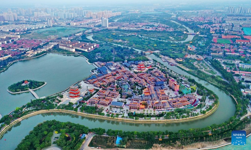 This aerial photo shows a view of Cangzhou City, north China's Hebei Province, May 15, 2023. Cangzhou is a city that thrives on canal. Stretching more than 200 kilometers, the water course of the Grand Canal is well preserved, and there are numerous historical relics along the canal.(Photo: Xinhua)