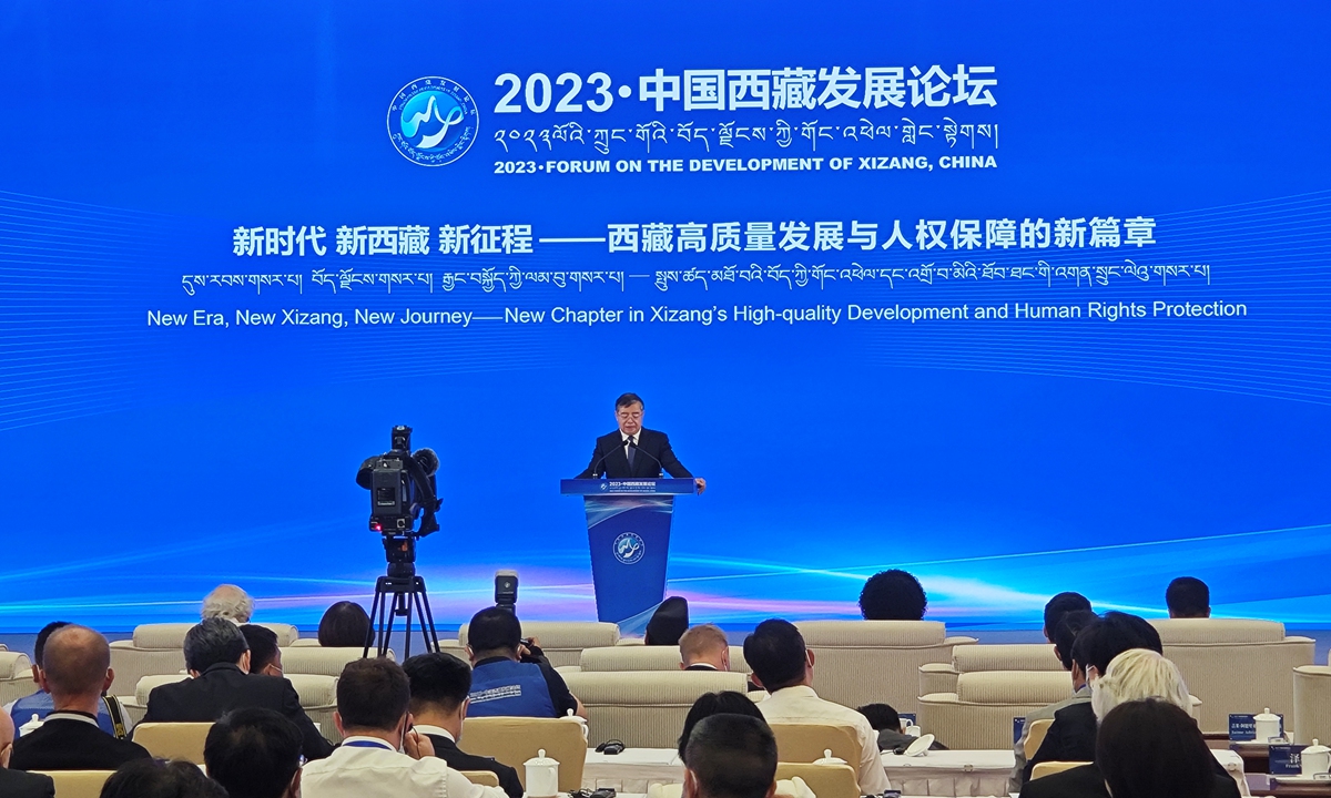 Li Shulei, a member of the Political Bureau of the Communist Party of China Central Committee and head of the Publicity Department of the CPC Central Committee, addresses the 2023 Forum on the Development of Xizang, China. Photo: Yin Yeping/GT