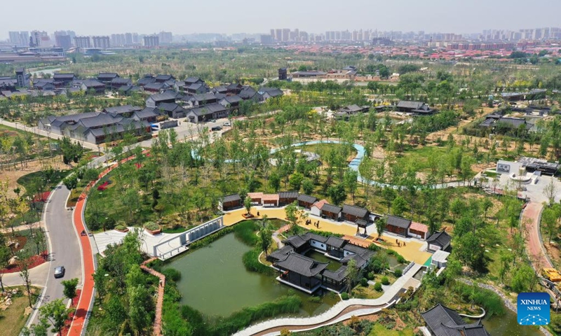 This aerial photo shows the horticultural expo garden in Cangzhou City, north China's Hebei Province, May 12, 2023. Cangzhou is a city that thrives on canal. Stretching more than 200 kilometers, the water course of the Grand Canal is well preserved, and there are numerous historical relics along the canal. (Photo: Xinhua)