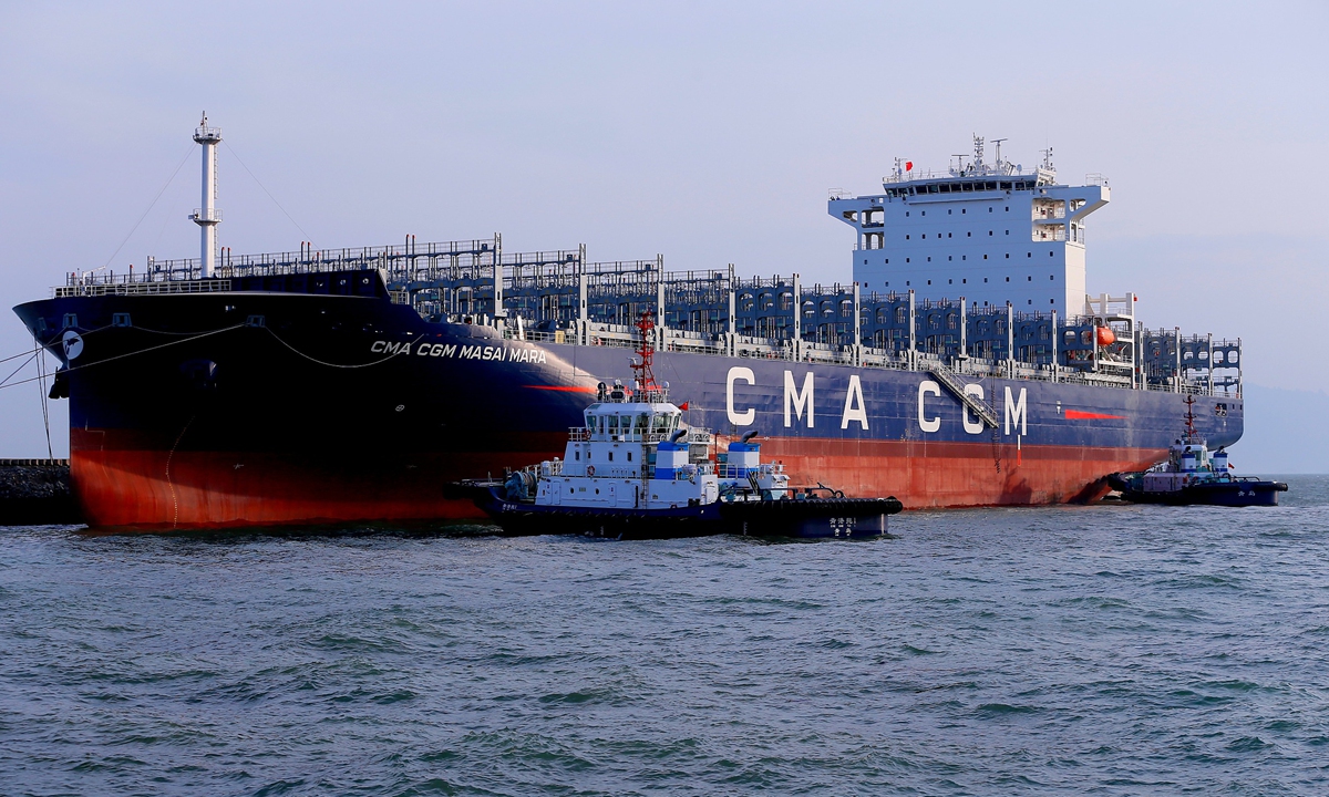 A view of a containership at the Qingdao shipyard in East China's Shandong Province on May 24, 2023. With a length of 240 meters and width of 42.8 meters, it is the largest containership built in Shandong to date in terms of capacity. The vessel will be delivered to Belgian ship company Compagnie Maritime Belge. Photo: VCG