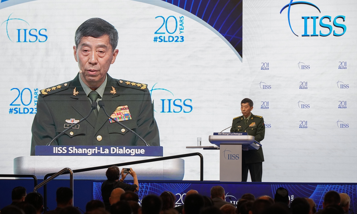 Chinese State Councilor and Minister of National Defense Li Shangfu delivers a keynote speech at the Shangri-La Dialogue in Singapore on June 4, 2023. Photo: VCG