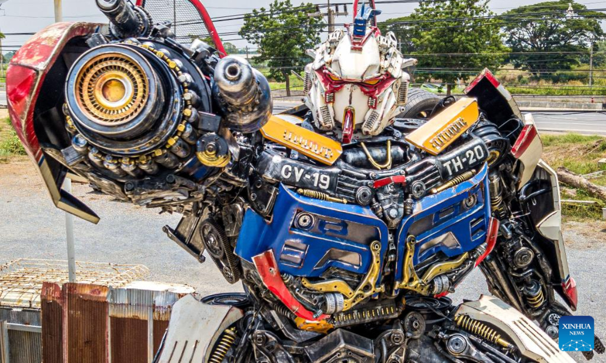 This aerial photo taken on May 25, 2023 shows robots made from scrap metal at the Transformer Museum in Ang Thong, Thailand. The Transformer Museum displays robots and other artworks made from scrap metal, aming to convey the concept of environmental protection. Photo:Xinhua