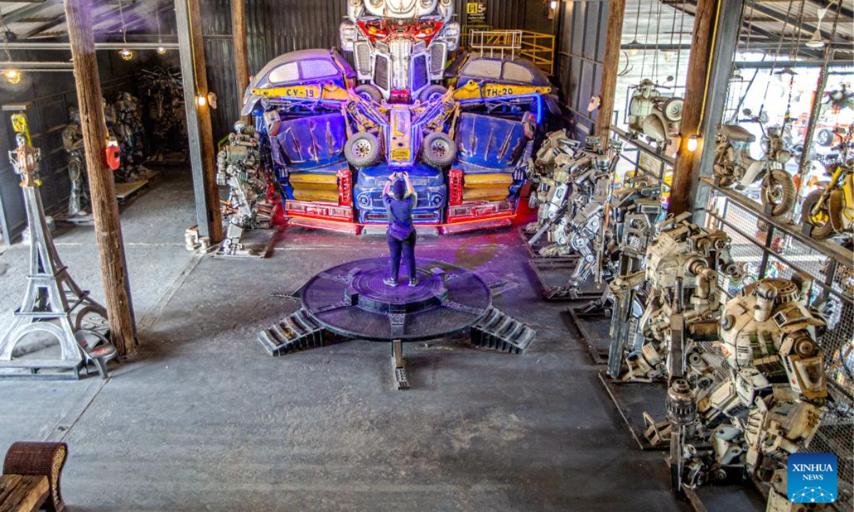 This aerial photo taken on May 25, 2023 shows robots made from scrap metal at the Transformer Museum in Ang Thong, Thailand. The Transformer Museum displays robots and other artworks made from scrap metal, aming to convey the concept of environmental protection. Photo:Xinhua