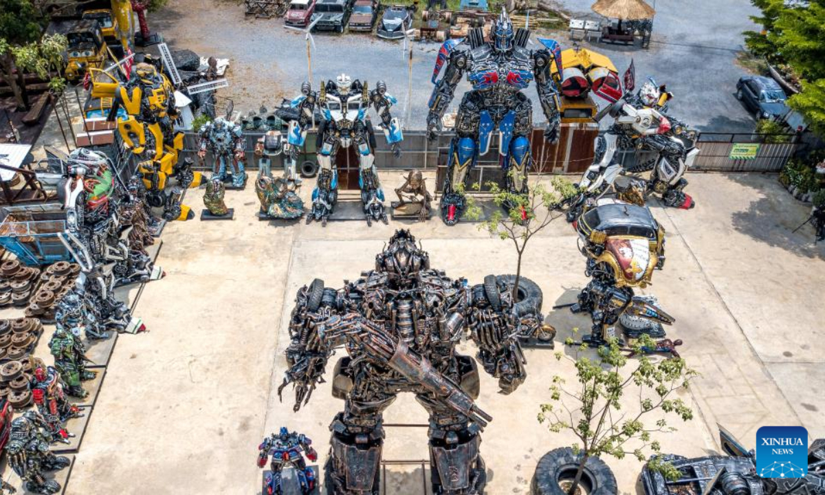 This aerial photo taken on May 25, 2023 shows robots made from scrap metal at the Transformer Museum in Ang Thong, Thailand. The Transformer Museum displays robots and other artworks made from scrap metal, aming to convey the concept of environmental protection. Photo:Xinhua