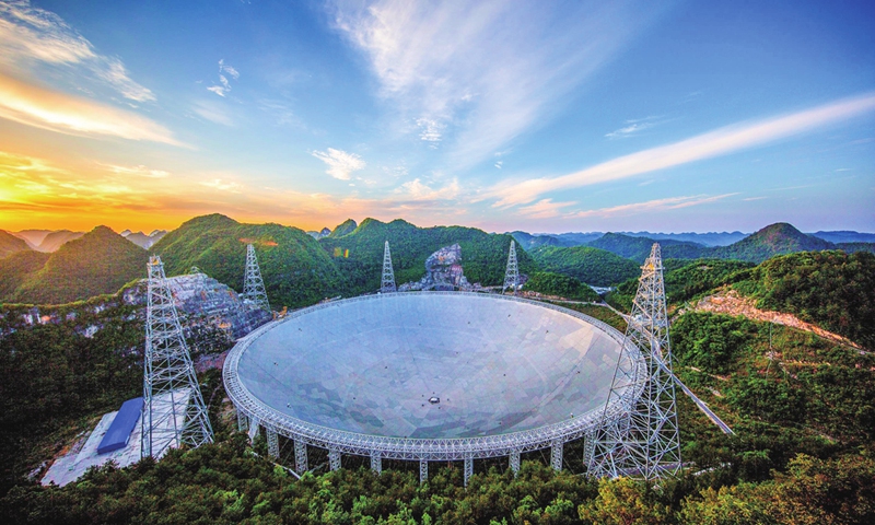 An aerial view of the 500-meter Aperture Spherical Radio Telescope (FAST) in Pingtang county, Southwest China's Guizhou Province Photo: courtesy of FAST