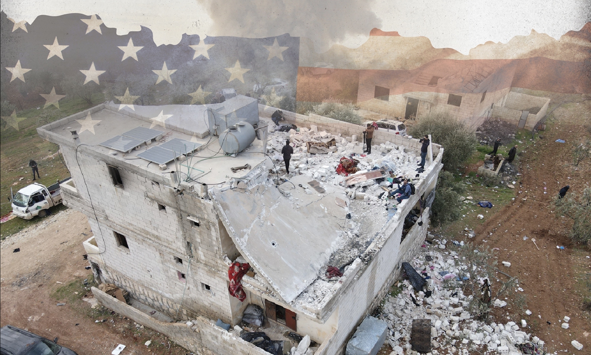 People check a destroyed house after an operation by the US military in the Syrian village of Atmeh, in Idlib Province, Syria, on February 3, 2022. Photo: VCG