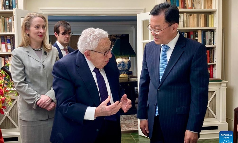 Chinese Ambassador to the United States Xie Feng meets with former U.S. Secretary of State Henry Kissinger in Kent, Connecticut, the United States, May 26, 2023. Xie Feng on Friday met with Kissinger in Kent, Connecticut, expressing best wishes from the Chinese side to Dr. Kissinger on his 100th birthday. The pair had an in-depth exchange of views on China-U.S. relations and international and regional issues of common interest. (Xinhua)