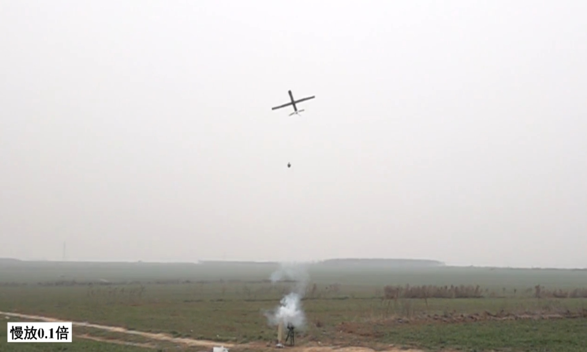 A Peregrine tube-launched folding-wing drone carries out a ground-based launch. Photo: Screenshot from the WeChat account of China's Northwestern Polytechnical University