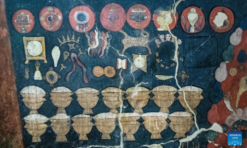 This photo taken on May 26, 2023 shows part of a mural in a grotto in Zanda County of Ngari Prefecture, southwest China's Tibet Autonomous Region. Known as the Donggar and Piyang grottoes, the 1,000-year-old caverns in the Tibet Autonomous Region's Ngari Prefecture hold one of the world's greatest collections of Tibetan Buddhist murals.(Photo: Xinhua)