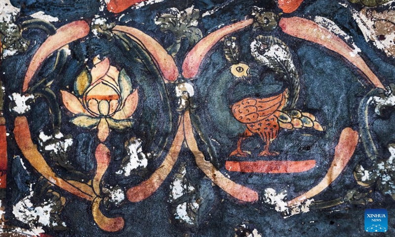 This photo taken on May 26, 2023 shows part of a mural in a grotto in Zanda County of Ngari Prefecture, southwest China's Tibet Autonomous Region. Known as the Donggar and Piyang grottoes, the 1,000-year-old caverns in the Tibet Autonomous Region's Ngari Prefecture hold one of the world's greatest collections of Tibetan Buddhist murals.(Photo: Xinhua)