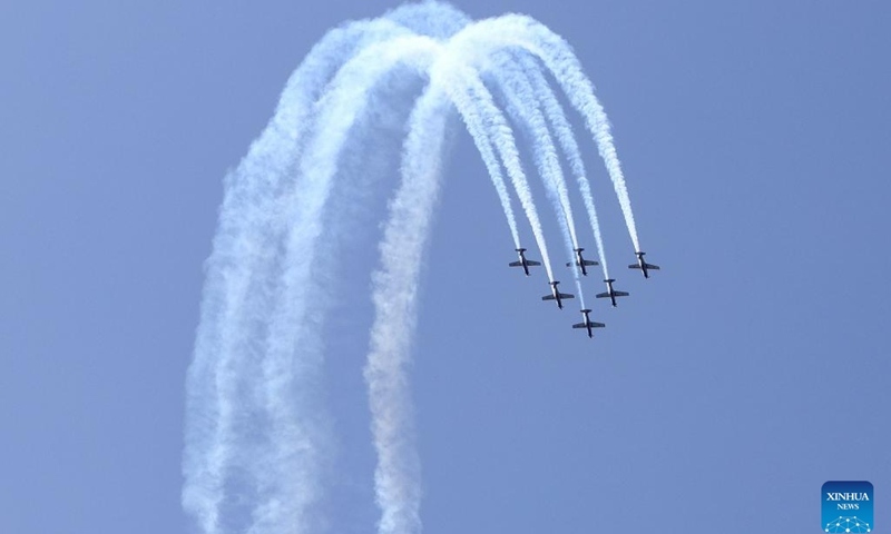 The Croatian Air Force aerobatic team, Wings of Storm, performs over Zadar, Croatia, May 29, 2023. An aerobatic flight show was held here Monday to celebrate the Day of the Armed Forces of Croatia on May 28 and the Statehood Day on May 30.(Photo: Xinhua)