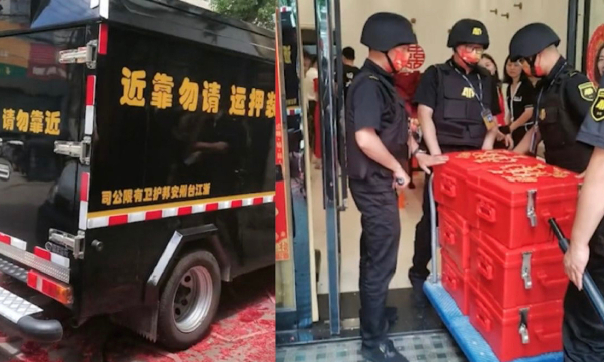 A couple in East China’s Zhejiang Province engaged, with the bride’s family ought 9.98 million yuan ($1.42 million) in cash as “bride prices” in a cash truck. Photo: Sina Weibo
