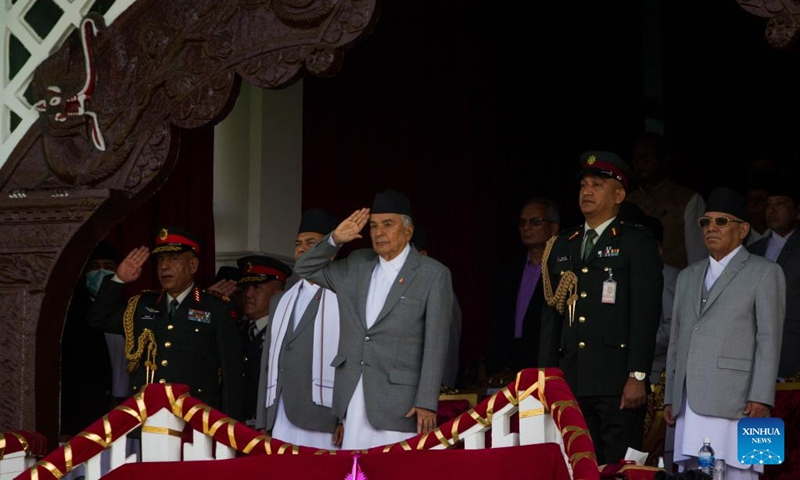 President of Nepal Ram Chandra Poudel (C) attends the celebration of the Republic Day in Kathmandu, Nepal, May 29, 2023.(Photo: Xinhua)