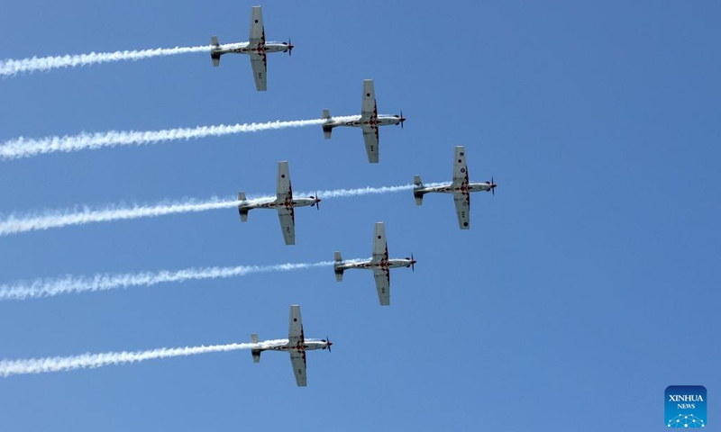 The Croatian Air Force aerobatic team, Wings of Storm, performs over Zadar, Croatia, May 29, 2023. An aerobatic flight show was held here Monday to celebrate the Day of the Armed Forces of Croatia on May 28 and the Statehood Day on May 3(Photo: Xinhua)