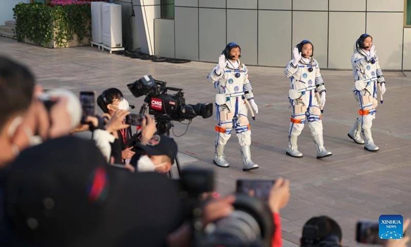 Chinese astronauts Jing Haipeng (C), Zhu Yangzhu (R) and Gui Haichao attend a see-off ceremony at the Jiuquan Satellite Launch Center in northwest China, May 30, 2023. A see-off ceremony for three Chinese astronauts of the Shenzhou-16 crewed space mission was held on Tuesday morning at the Jiuquan Satellite Launch Center in northwest China, according to the China Manned Space Agency.(Photo: Xinhua)
