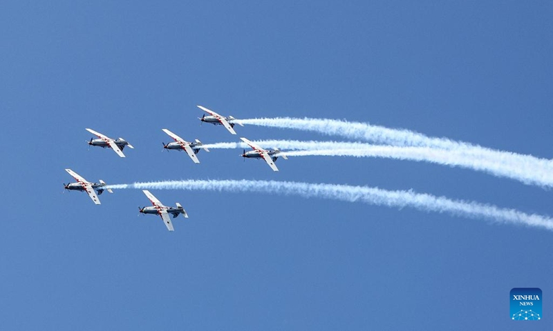 The Croatian Air Force aerobatic team, Wings of Storm, performs over Zadar, Croatia, May 29, 2023. An aerobatic flight show was held here Monday to celebrate the Day of the Armed Forces of Croatia on May 28 and the Statehood Day on May 30.(Photo: Xinhua)
