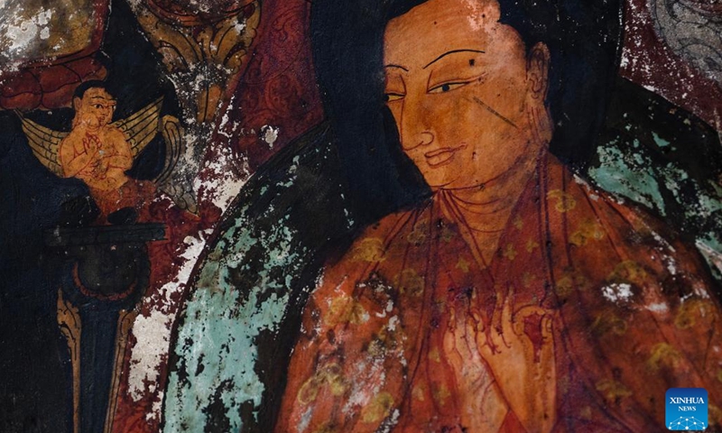 This photo taken on May 26, 2023 shows part of a mural in a grotto in Zanda County of Ngari Prefecture, southwest China's Tibet Autonomous Region. Known as the Donggar and Piyang grottoes, the 1,000-year-old caverns in the Tibet Autonomous Region's Ngari Prefecture hold one of the world's greatest collections of Tibetan Buddhist murals.(Photo: Xinhua)