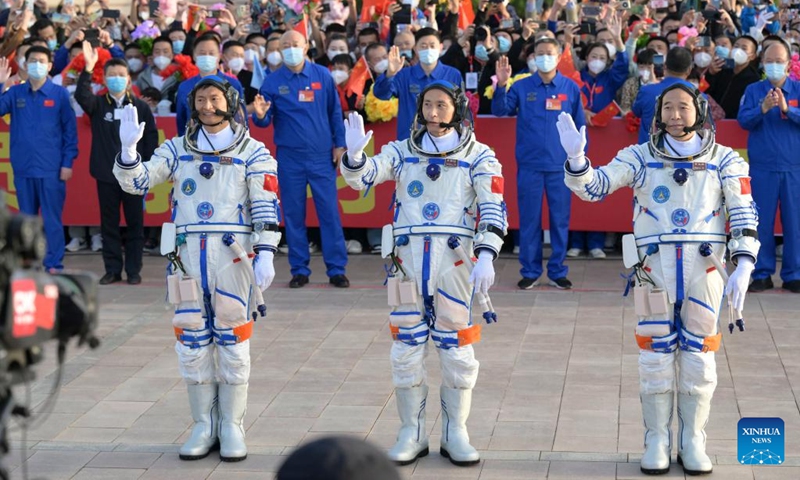 Chinese astronauts Jing Haipeng (R), Zhu Yangzhu (C) and Gui Haichao attend a see-off ceremony at the Jiuquan Satellite Launch Center in northwest China, May 30, 2023. A see-off ceremony for three Chinese astronauts of the Shenzhou-16 crewed space mission was held on Tuesday morning at the Jiuquan Satellite Launch Center in northwest China, according to the China Manned Space Agency.(Photo: Xinhua)