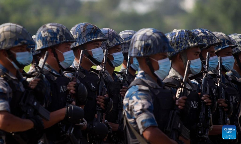 Police officers take part in a parade during the celebration of the Republic Day in Kathmandu, Nepal, May 29, 2023.(Photo: Xinhua)