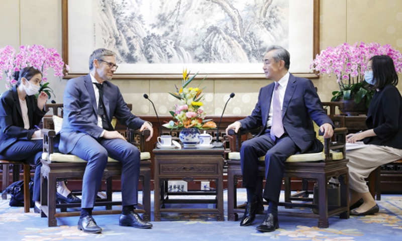 Wang Yi, director of the Office of the Foreign Affairs Commission of the Communist Party of China (CPC) Central Committee,also a member of the Political Bureau of the CPC Central Committee, meets with Jens Plotner, foreign and security policy advisor to the German chancellor, on Wednesday in Beijing. Photo: Chinese Foreign Ministry