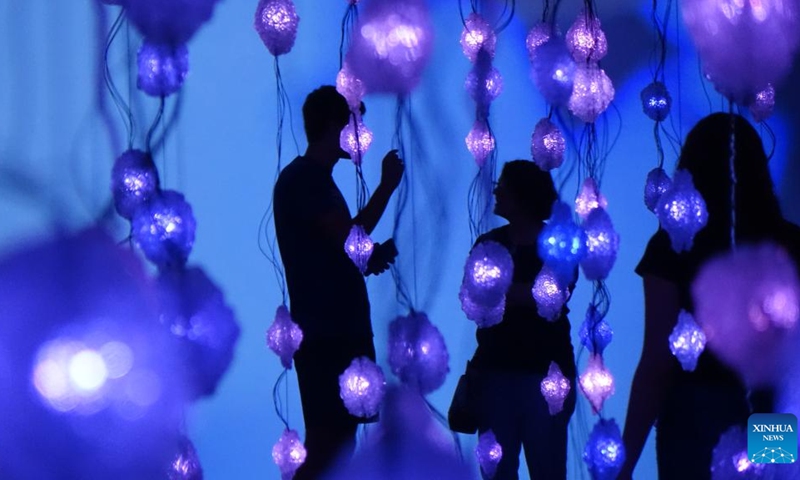 Visitors are seen inside Pixel Forest, an immersive presentation by Swiss artist Pipilotti Rist, at the Museum of Fine Arts, Houston, Texas, the United States, on May 31, 2023. The exhibition Pipilotti Rist: Pixel Forest and Worry Will Vanish is held here from March 12 to Sept. 4.(Photo: Xinhua)