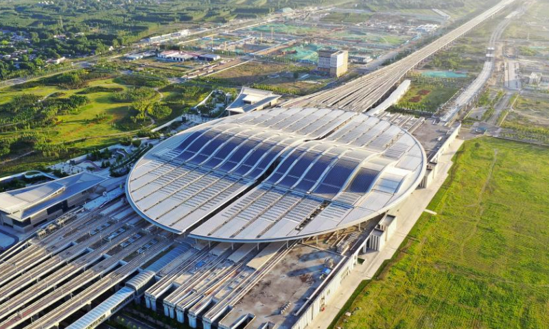 This aerial photo taken on June 2, 2023 shows the Xiong'an Railway Station in Xiong'an New Area, north China's Hebei Province. Located about 100 kilometers southwest of Beijing, the Xiong'an New Area has been designed as a major recipient of functions previously located in Beijing but which are not essential to its role as China's capital. Six years on, Xiong'an New Area, China's city of the future, is offering a glimpse of the Chinese vision of modernity. (Xinhua/Zhu Xudong)