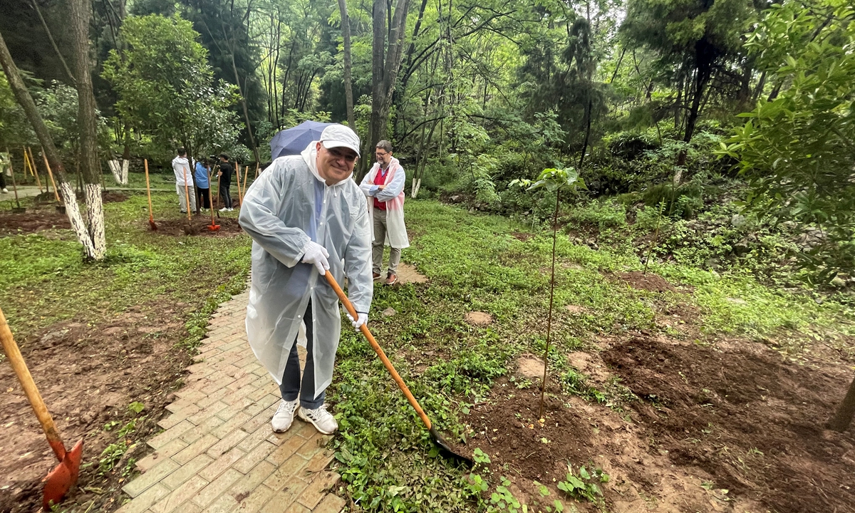 Ambassador of Malta to China John Busuttil is invited to plant an osmanthus sapling at the 