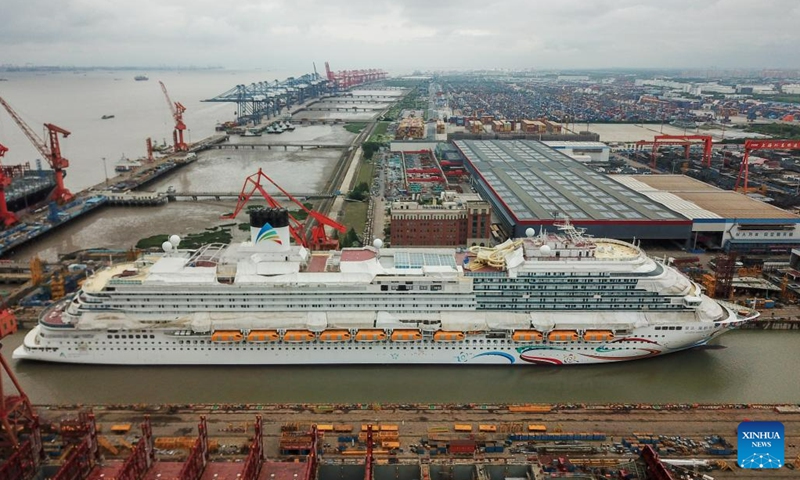 This aerial photo taken on June 6, 2023 shows China's first domestically-built large cruise ship Adora Magic City in east China's Shanghai.(Photo: Xinhua)